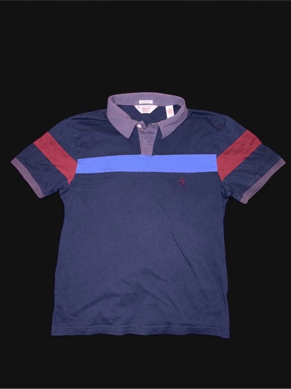 Original Penguin Navy Polo with Blue Chest Stripe and Burgundy Sleeve Accents